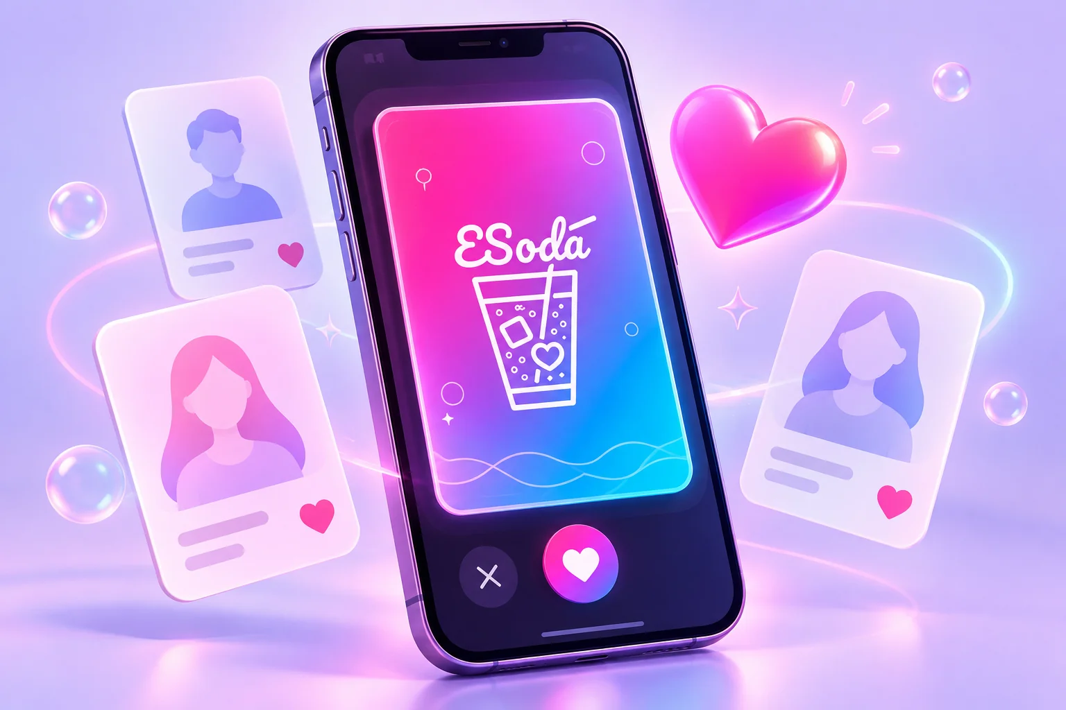 핑크·블루 그라데이션과 소다컵 로고를 담은 ESoda 앱 소개 이미지